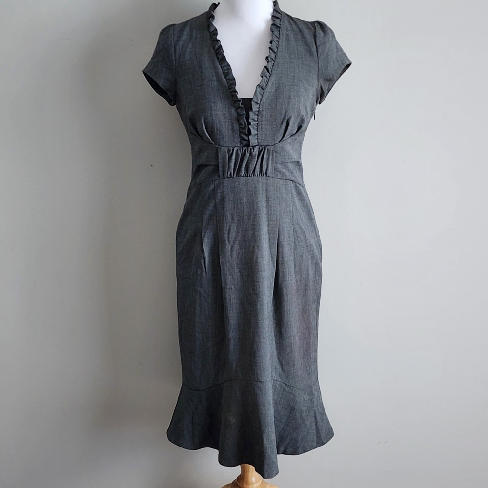 Nougat London Ruffle V-Neck Dress Womens 1 Gray Fit Flare Mermaid Professional